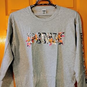 PINK Victoria's Secret Heather Gray Long Sleeve Tee with Floral Logo